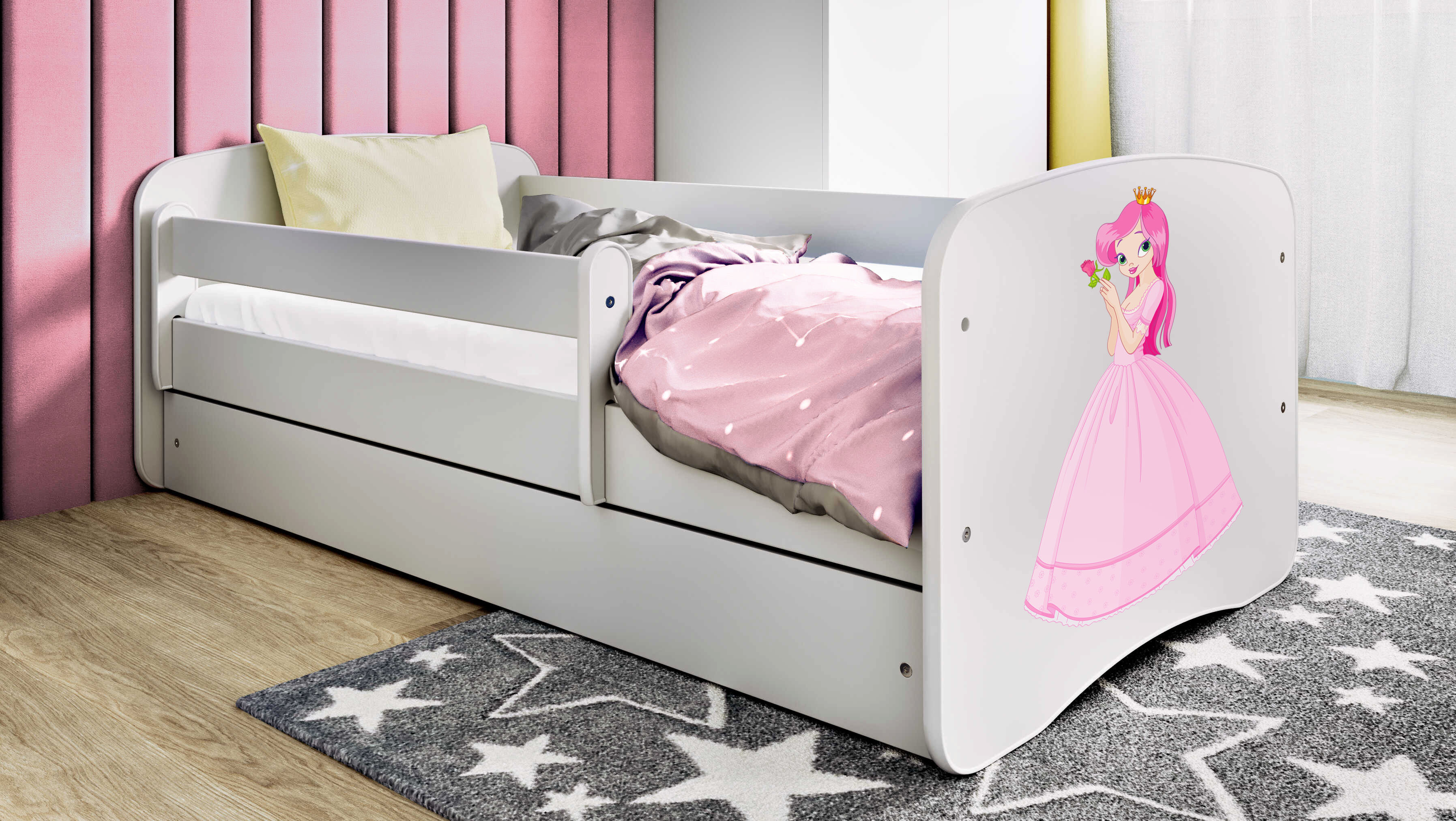 Kinderbett Jugendbett Prinzessin 70x140, 80x160, 80x180 cm - Komplettset mit Schublade & Rausfallschutz