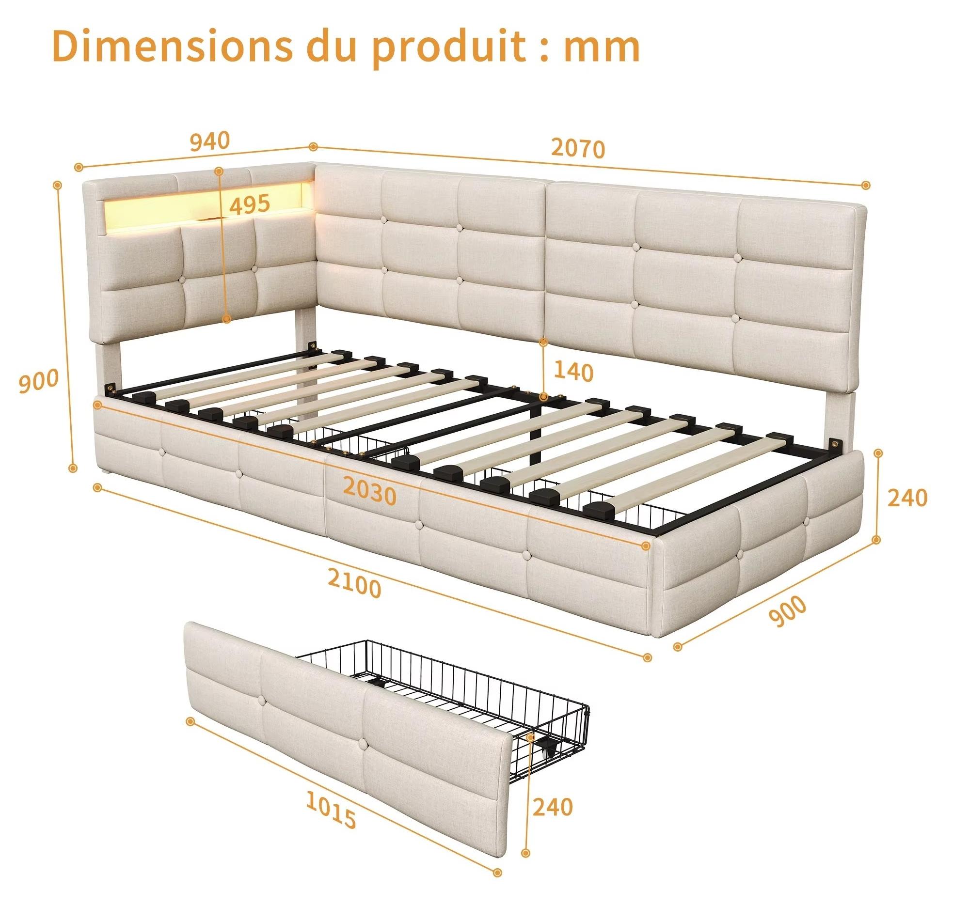 Polsterbett - Tagesbett mit Stauraum - 90 x 200 cm - LED-Beleuchtung - USB-Ladestation - Beiger Samt - Ohne Matratze