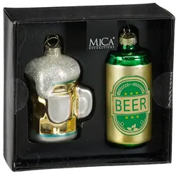 Mica Decorations 2er Set Christbaumschmuck Glas 8cm Glitzer Bier Bierkrug Weihnachtsbaum Anhänger Weihnachten Weihnachtsbaumschmuck Gold