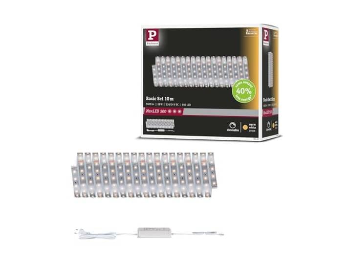 Paulmann 71229 MaxLED 500 Strip LED Blanc chaud Kit de base 10m 28W 550lm/m 64 LEDs/m 2700K 40VA