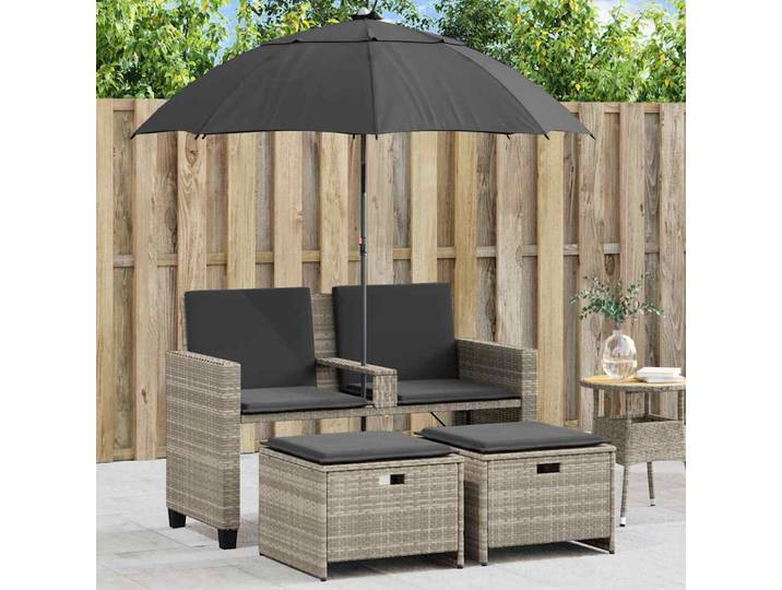 vidaXL Gartensofa 2-Sitzer Sonnenschirm und Hocker Hellgrau Polyrattan