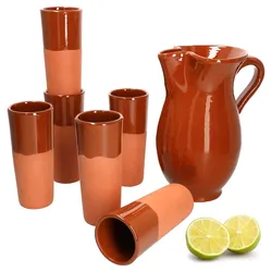 7er Set Tonkrug 1,9L + 6 Tonbecher 330ml teilglasiert - 12968 + 99544