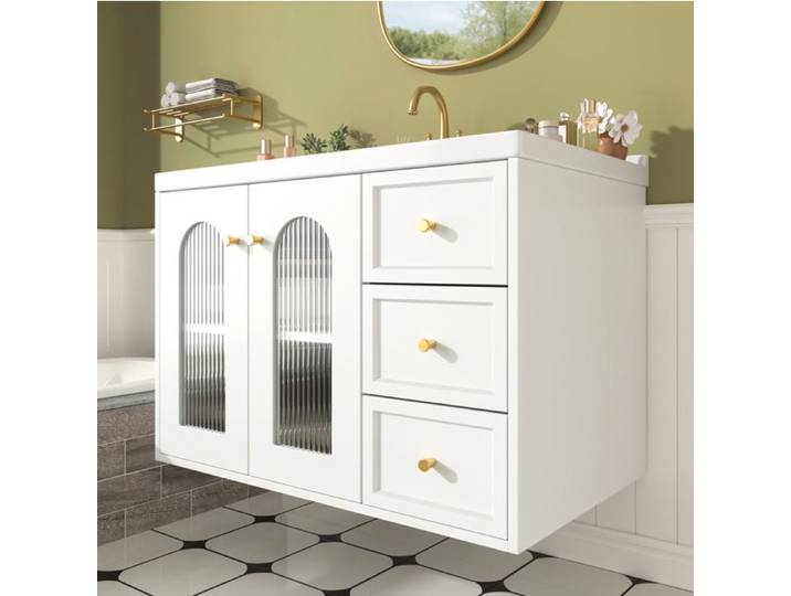 Meuble sous vasque suspendu 80 cm - Vasque céramique - 2 tiroirs - Portes vitrées - Blanc