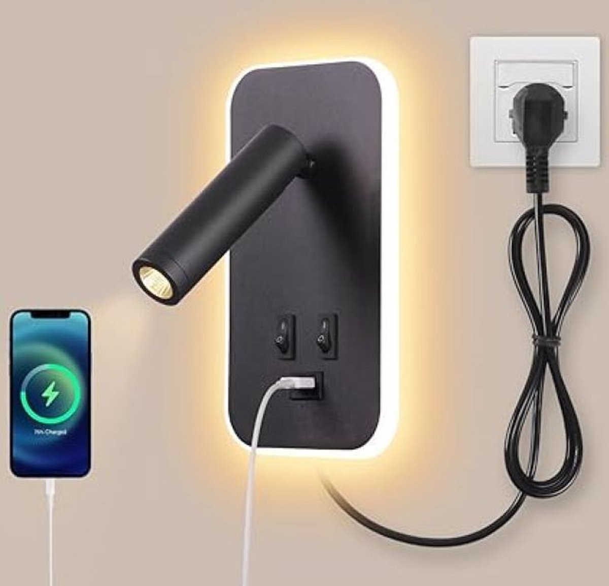 AWEKLIY Wandlamp met USB-oplaadpoort en verstelbare LED-spotverlichting, Zwart