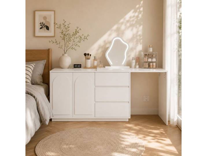 Coiffeuse avec Miroir - 140x40x75cm - Plateau Extensible Miroir LED 3 Couleurs Commode 3 Tiroirs 2 Portes - Blanc
