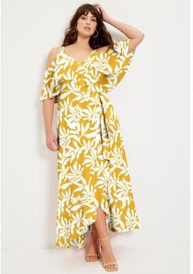 Plus Size Women's Cold-Shoulder Faux-Wrap Maxi Dress by June & Vie in Pressed Leaf Yellow (Size 26/28)