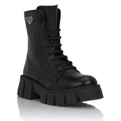 Bootsschuh PHILIPP PLEIN "Logo", Damen, Gr. 35, Normalschaft, schwarz (02, schwarz), Schuhe Bootsschuh