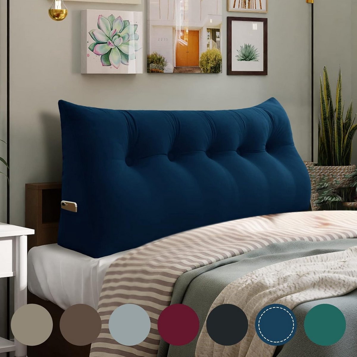 Blauw Driehoekig Kussen met Opbergvak voor Rugsteun en Lezen - 160 cm