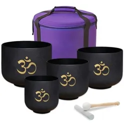 keepdrum Klangschalen-Set OM Schwarz 4-Chakren Set mit Zubehör (Klangschale), Perkussion, Schwarz