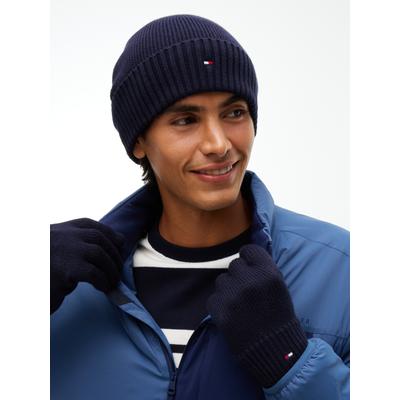 Beanie TOMMY HILFIGER "TH FLAG BEANIE AND GLOVES", Herren, space blau, Strick, Baumwollmischung, Mützen Beanie, mit Kaschmiranteil, in Geschenkbox