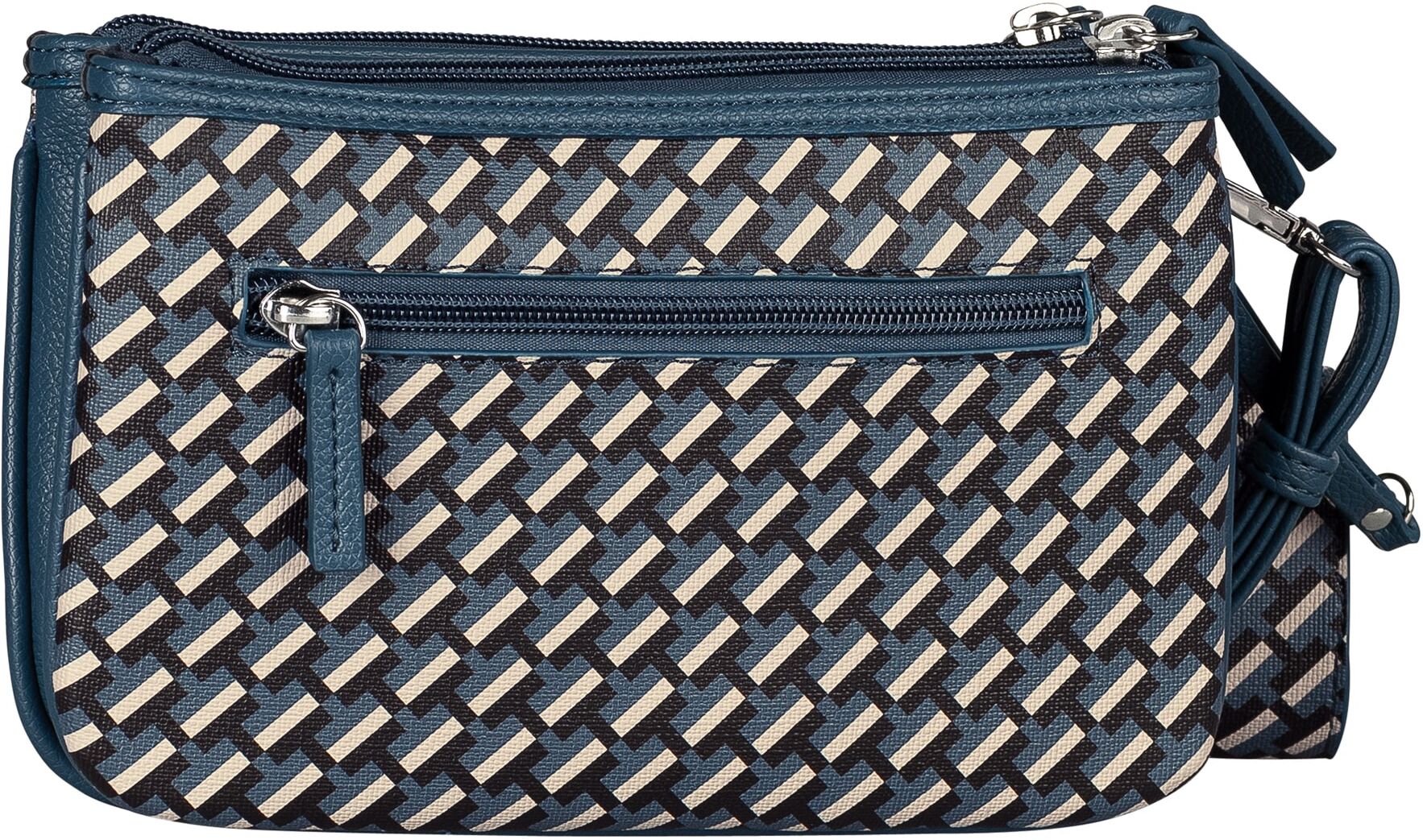 Umhängetasche TOM TAILOR "Xenia", Damen, Gr. B/H/T: 21,5cm x 14cm x 3cm, blau, Polyurethan, Taschen Umhängetasche, mit raffiniert geometrischen "T" Print des Logos auf dem Taschenkörper blau B/H/T: 21,5cm x 14cm x 3cm