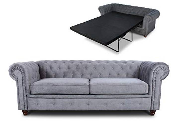 Sofnet - Schlafsofa Chesterfield Asti Bis 3-Sitzer (Grau, Capri 09) Bettsofa, Sofa mit Schlaffunktion, 3-Sitzer, Couch, Bettfunktion, Strukturstoff, Holzfüße, Chesterfield Stil