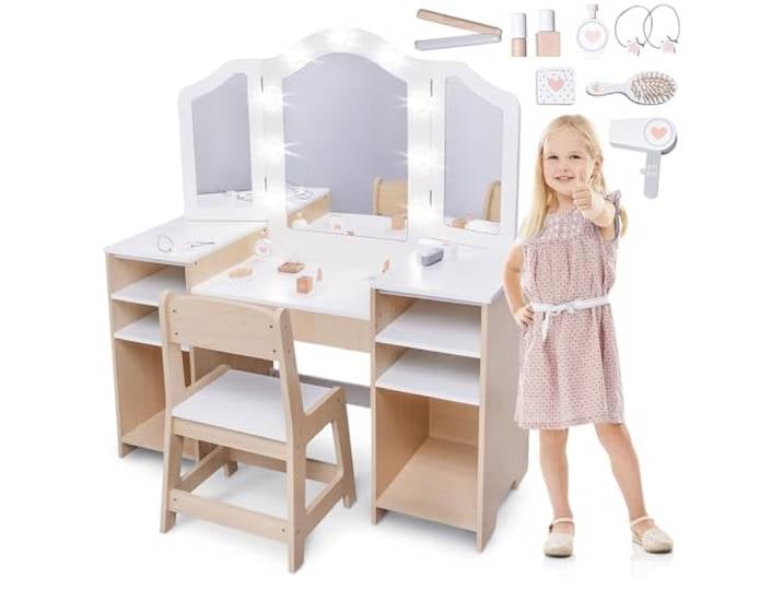 mamabrum Schminktisch für Kinder aus Holz mit Stuhl & LED – Schminktisch-Set mit 9 Zubehörteilen – Kinder-Schminktisch multifunktional zum Spielen, Malen & Aufbewahren – Sicher & stabil ab 3 Jahren