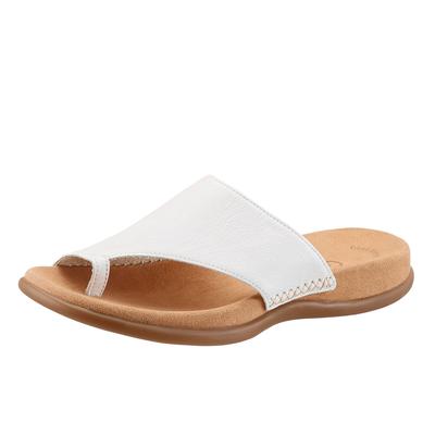 Zehentrenner GABOR, Damen, Gr. 45 (10), weiß, Leder, Schuhe Zehentrenner, Keilabsatz, Sommerschuh, Dianette mit kontrastfarbiger Stickerei