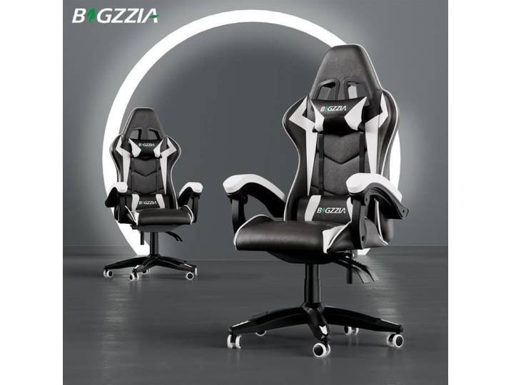 BIGZZIA Fauteuil de Bureau - Chaise Gaming - Siège de Bureau Réglable Gaming Racing - avec coussin et dossier inclinable Blanc