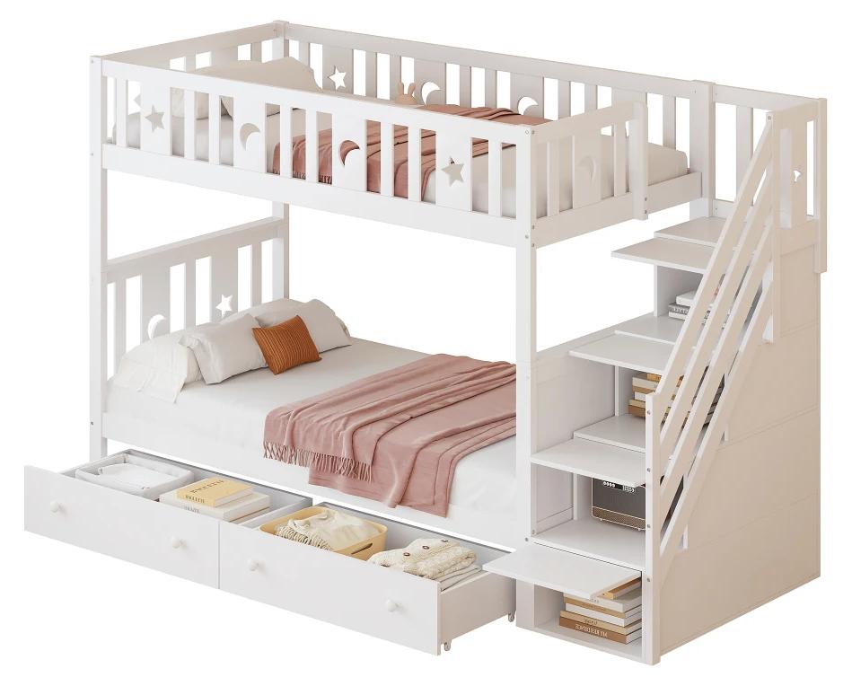 Kinderbett - Etagenbett aus Massivholz - 90 x 200 cm - Stauraum - Sicherheitstreppe - Zwei große Schubladen - Gitter - Weiß