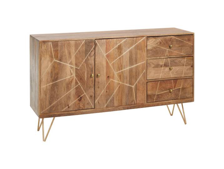Landscape Sideboard, Natur, Gold, Holz, Metall, Mangoholz, massiv, 1 Fächer, 3 Schublade(n) Schubladen, 145x88x43 cm, Typenauswahl, Beimöbel erhältlich, stehend, Holzmöbel, Kleinmöbel Holz, Holzkommoden, Sideboards Holz