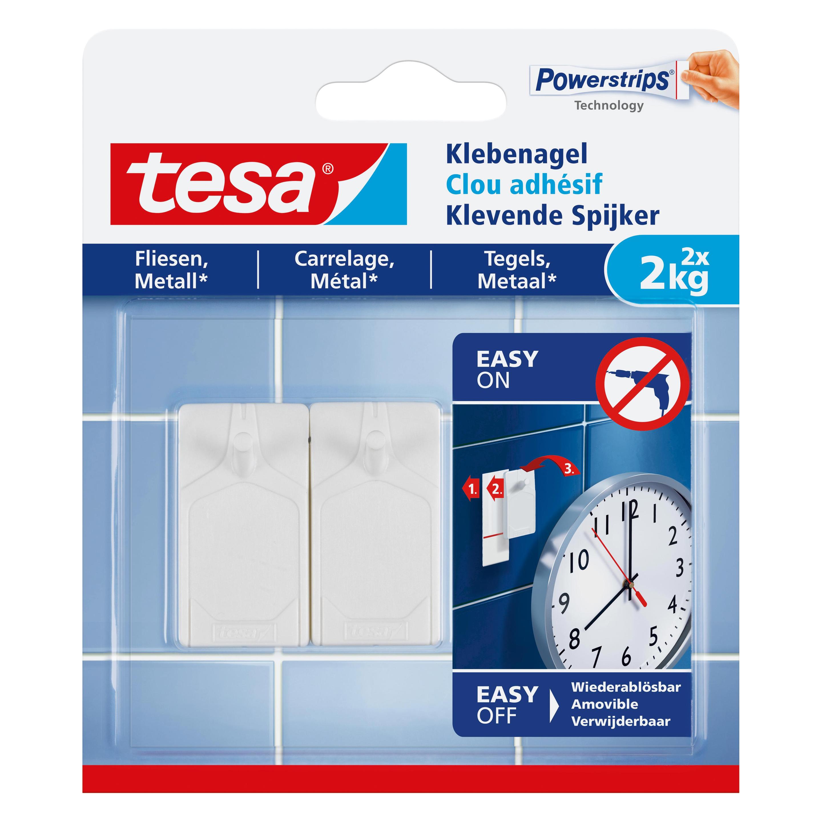 tesa Klebenagel für Fliesen & Metall, 2kg Halteleistung, spurlos ablösbar & wiederverwendbar (77762-00000-00)