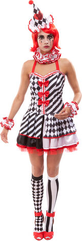 Pierrot Kostüm für Damen, schwarz/weiß/rot