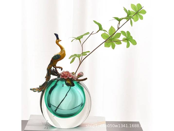 Vase en verre émaillé de luxe léger, artisanal, bleu paon, ornement décoratif, vase émaillé