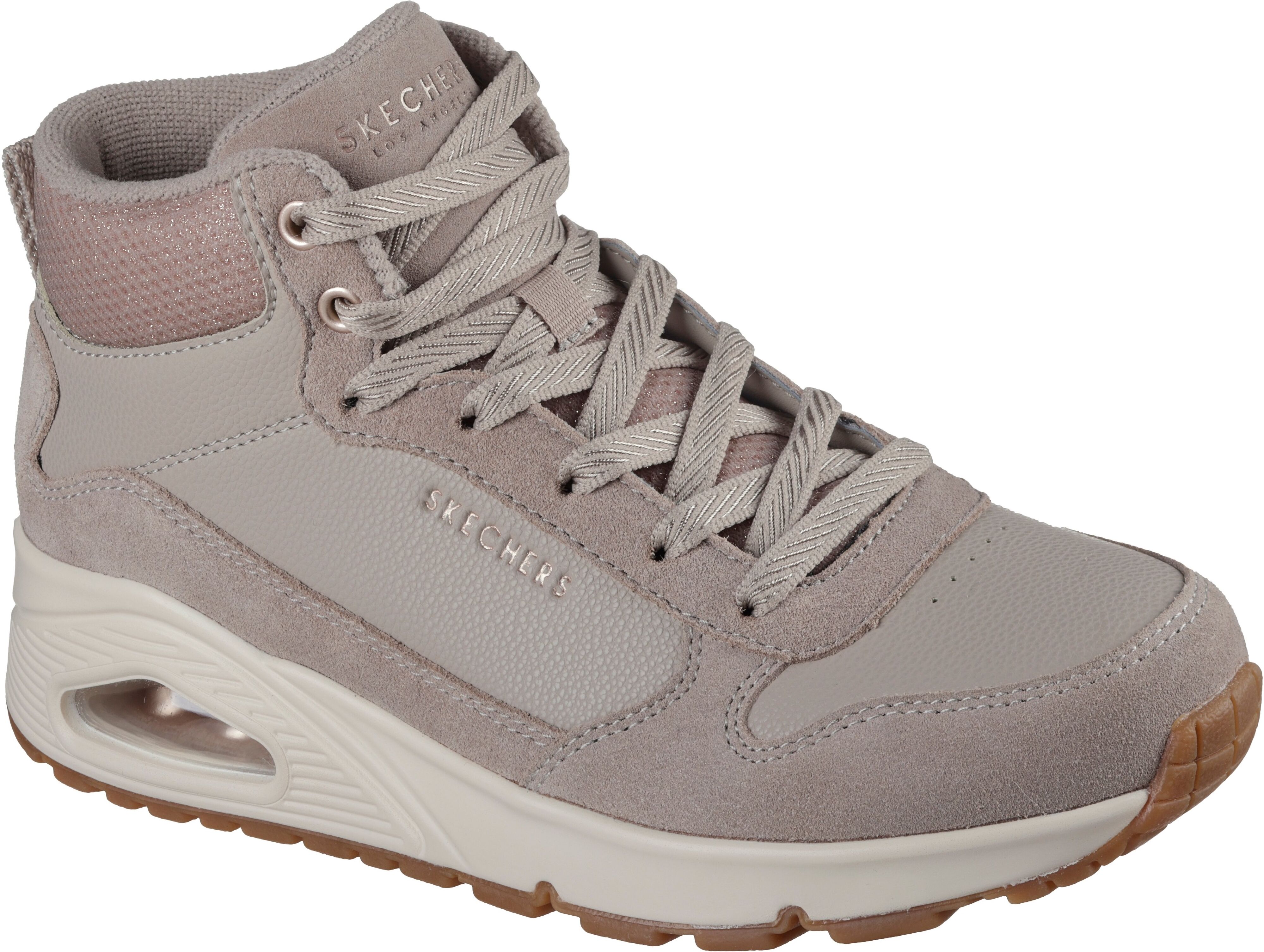 Keilsneaker SKECHERS "UNO-STACRE SHINE", Damen, Gr. 35, Textil, beige (taupe), Lederimitat, Textil, Veloursleder, Schuhe Keilsneaker, High Top Sneaker, Schnürboots mit Luftkammern Sohle