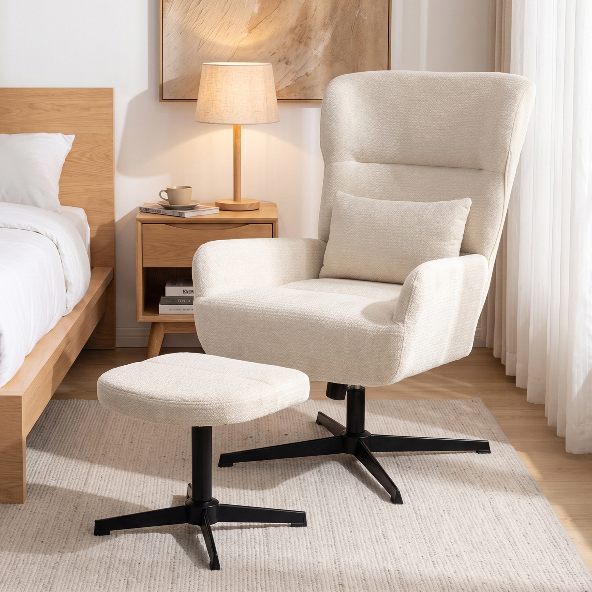 Homcom Poltrona Lounge Girevole 360° con Poggiapiedi e Altezza Regolabile, Bianco Crema   Aosom Italy