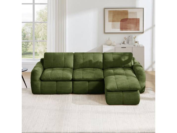 HOMVRA Canapé d'angle modulable 3 places en L chenille vert sans montage 1 ottoman