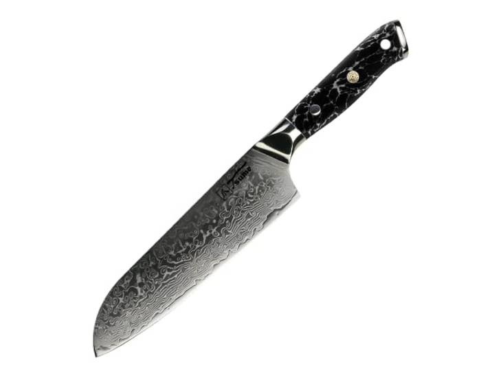 Tsume Santoku Messer Black Marble, Klingenlänge 22cm, Echtes Damast Küchenmesser, 67 Schichten VG10 Edelstahlkern mit einzigartigem Black Marble Handgriff, Rasiermesserscharf