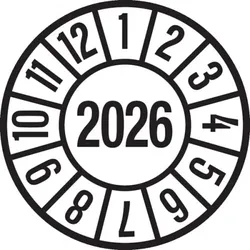 König Werbeanlagen Jahresprüfplaketten ab 26, Jahresfarben, Ø 35mm - Bogen = 10 Plaketten - 35 mm Dokumentenfolie selbstklebend
