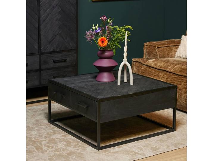Table basse carrée noire motif chevrons, 4 tiroirs