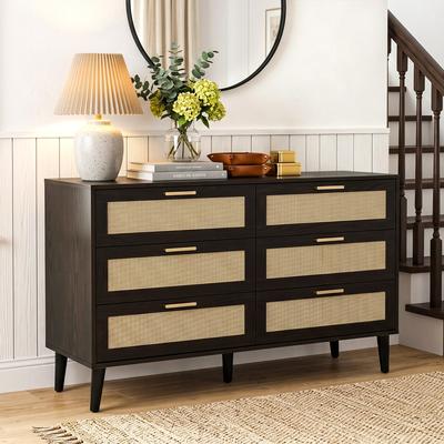 Uixe Modern Solid Wood Rattan Storage Cabinet with Six-drawer Dresser
