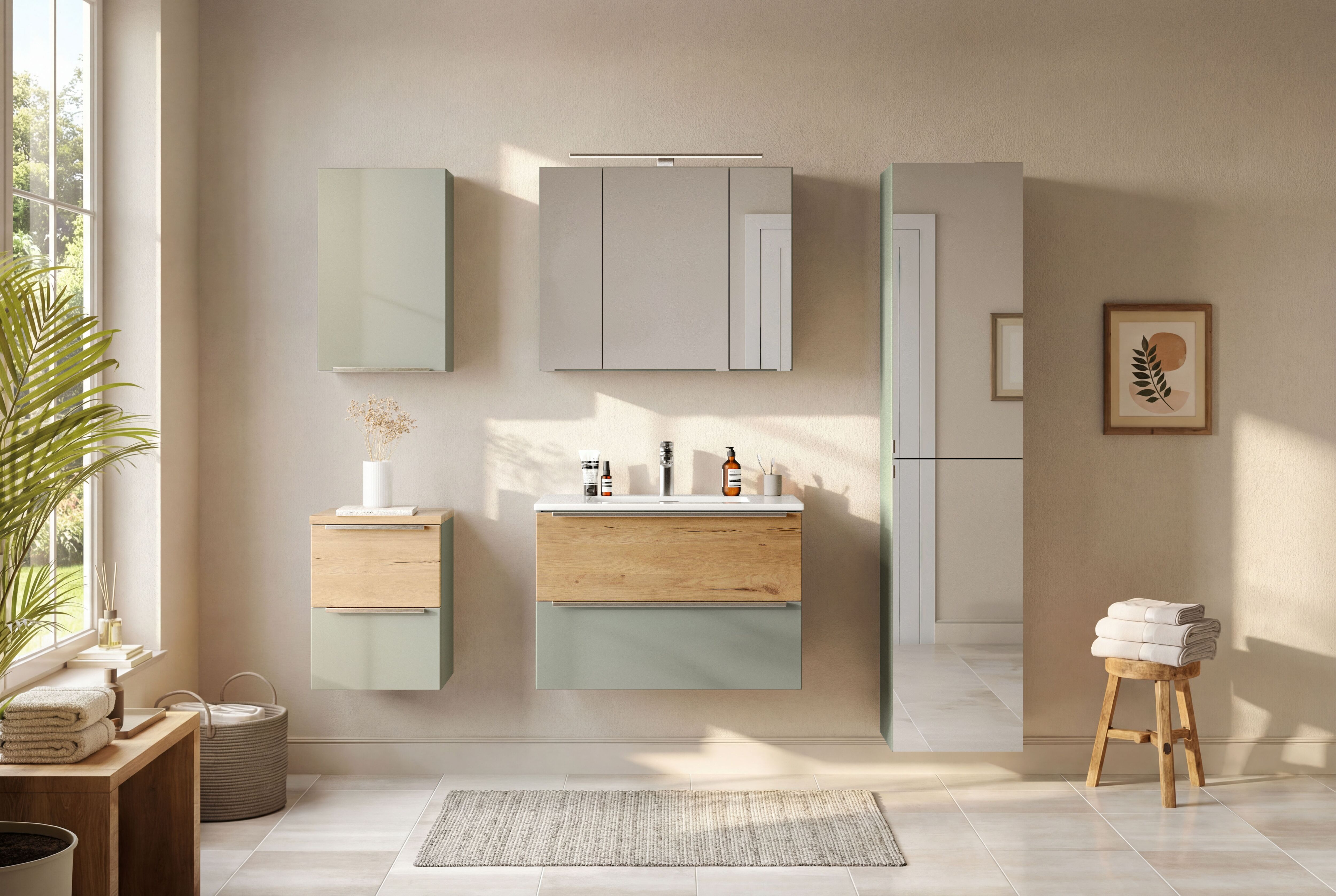 Spiegelschrank WELLTIME "TRIENT, 3D-Spiegelschrank 80 cm, gedämpfte Scharniere", weiß (schilfgrün, wildeiche), B:80cm H:64cm T:20cm, MDF, Schränke, Spiegelschrank, Schilfgrün/Wildeiche, gedämpfte Scharniere