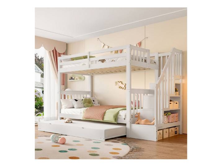 OKWISH Etagenbett Kinderhochbett Treppenregal Rollbett Geländer (Treppenregal, ausgestattet mit ausziehbares Rollbett, hohe Geländer, 90x200cm), ohne Matratze