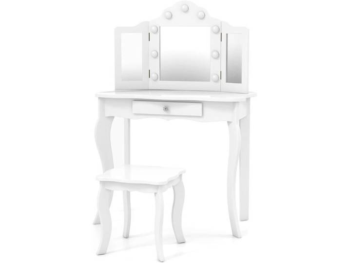 GOPLUS Coiffeuse Filles de 3+ Ans Table de Maquillage pour Enfant avec Tabouret Miroir LED à 3 Couleurs Style Princesse Blanc