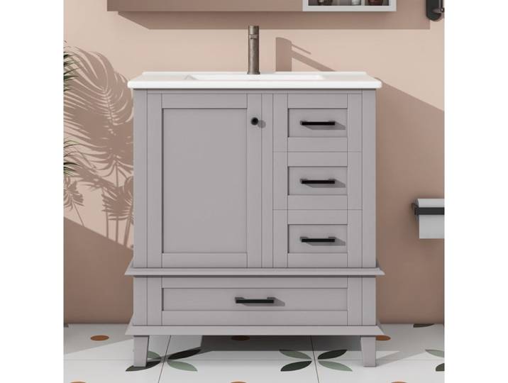 Meuble Sous Vasque Gris En Ceramique Vasque Integree Moderne FloraGrace Pour Salle De Bain Rangement Silencieux 76x46x83 5cm