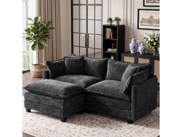 L-förmiges Sofamodul 2-Sitzer, 198 cm, Chenille schwarz, mit Kissen Frei kombinierbares modulares Sofa aus Chenille mit Armlehnenpaneelen, ideal für Wohnhäuser und Wohnungen.