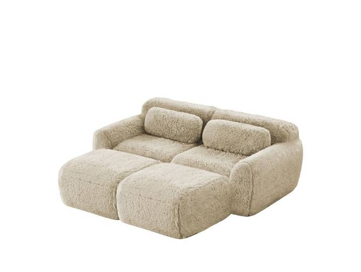 Xylo Canapé-lit Boneless Cloud 2 places peluche kaki clair avec 2 poufs et sans montage