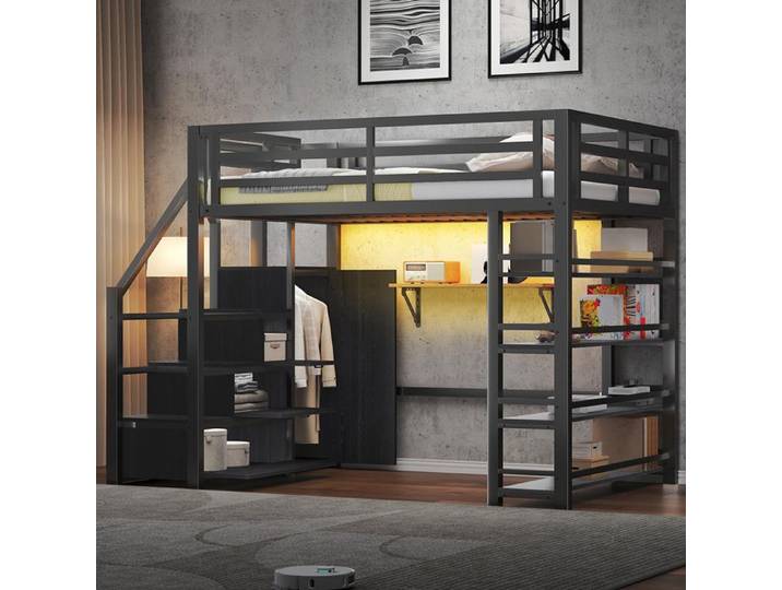 Lit Mezzanine Métal 140x200 Noir LED Penderie Armoires & Compartiments Design Industriel
