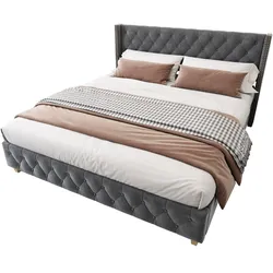 Polsterbett 140x190 cm aus Velours in Grau mit Kopfteil & Lattenrost – Luxuriöses Design, hoher Komfort