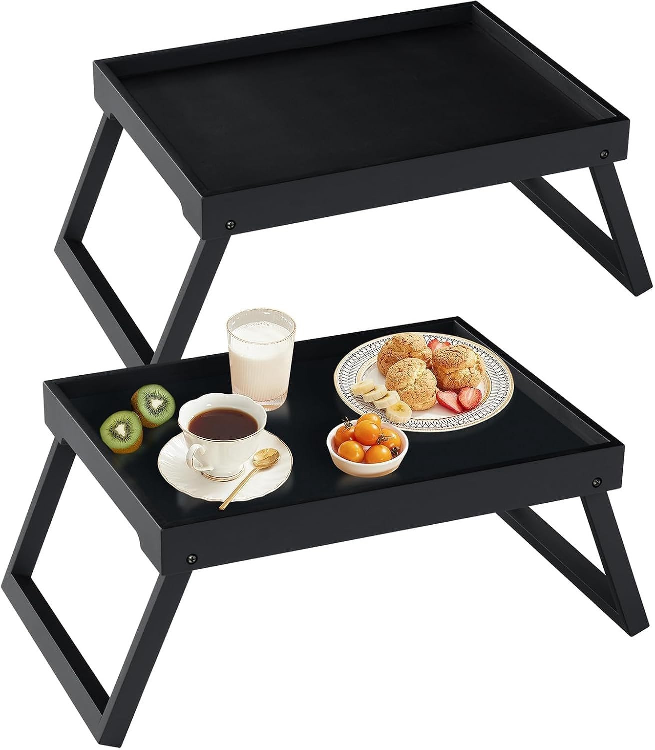 Set van 2 vouwbare bamboe bedtafels voor ontbijt, eten of laptopgebruik