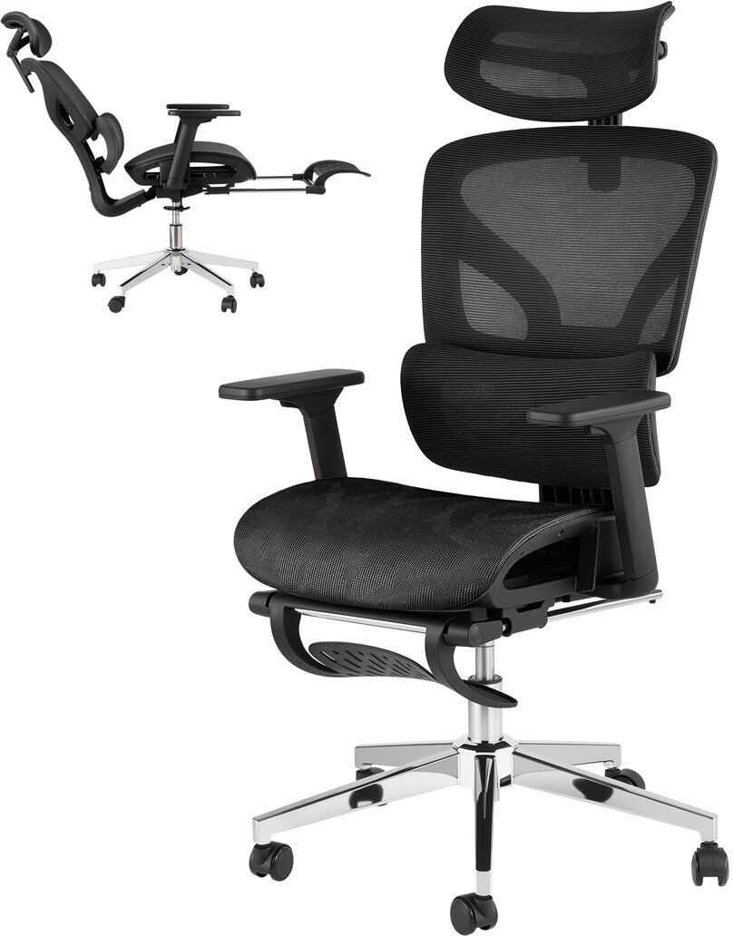 Brayden Studio Ergonomic High Back Mesh Office Chair – Retractable Footrest, 4D Adjustable Armrests, Lumbar & Headrest Support, 145° Recline – Heavy Duty Swivel Exec Black 69cm W X 67.5cm D