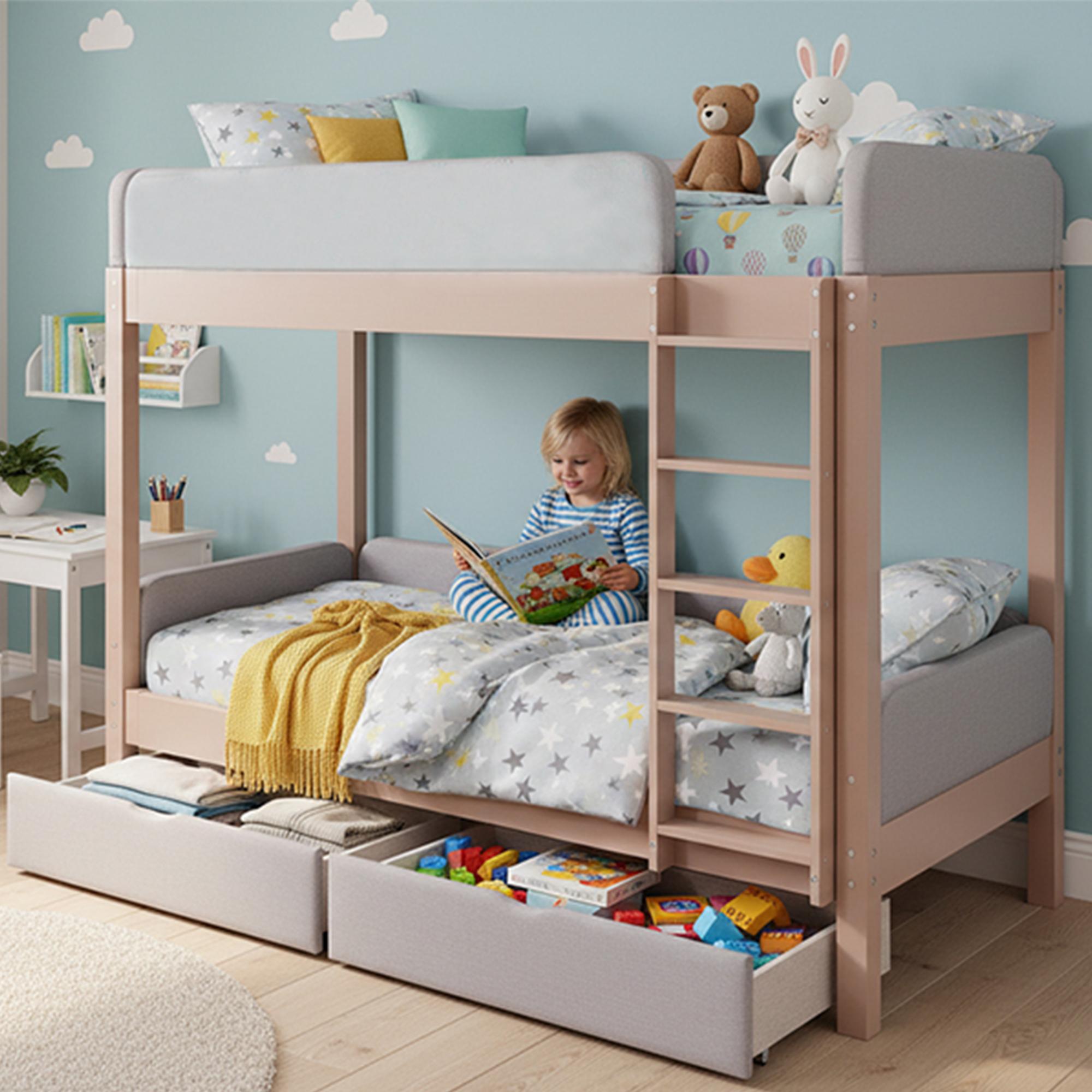Etagenbett, Kinderbett, Weiche Antikollisions-Schwammkante, Vierstufige gerade Treppe, Mit zwei Schubladen, Stabile Lattenroste, 90x200 cm, Grau