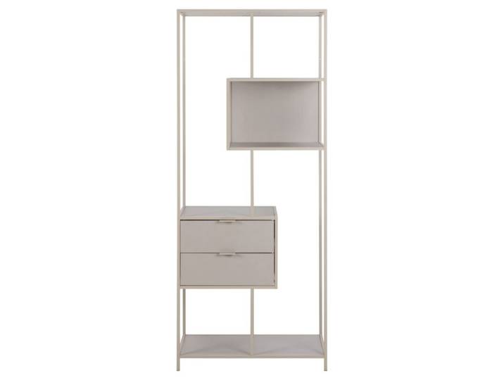 Trendstore Auroa Regal hoch mit 2 Schubladen - in Grau oder Schwarz mit Eiche Nachbildung - Stahlgestell grau matt pulverbeschichtet Standregal, Raumteiler, asymmetrisches Design, vielseitig und funktional, in Grau oder Schwarz mit Wildeiche Nachbildung Modern