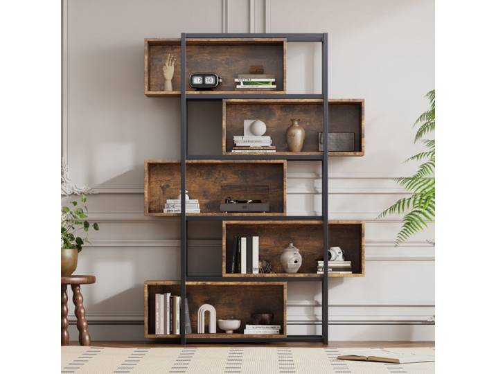 Bibliothèque Style Industriel Vintage Brun-Noir - Grand Rangement avec Compartiments Ouverts - Design Anti-Basculement