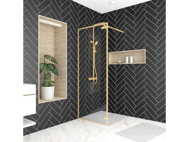 Marwell Walk In Dusche Golden Frame 200x80cm - Duschwand mit 6 mm Einscheibensicherheitsglas - mit ausziehbarem Haltearm - hochwertige Aluminiumrahmen in gebürsteter Optik