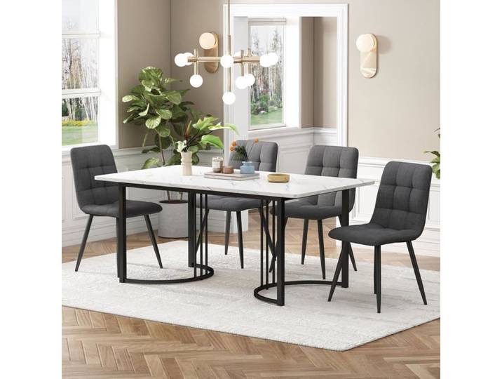 Ensemble Table Salle à Manger avec 4 Chaises-Table à Manger 140x80cm Motif Marbre-chaises de salle à manger en lin gris foncé-Gris