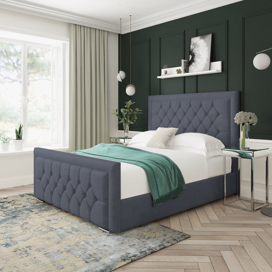 17 Stories Maple Plush Velvet Upholstered Ottoman Bed Frame Steel Kingsize (5')