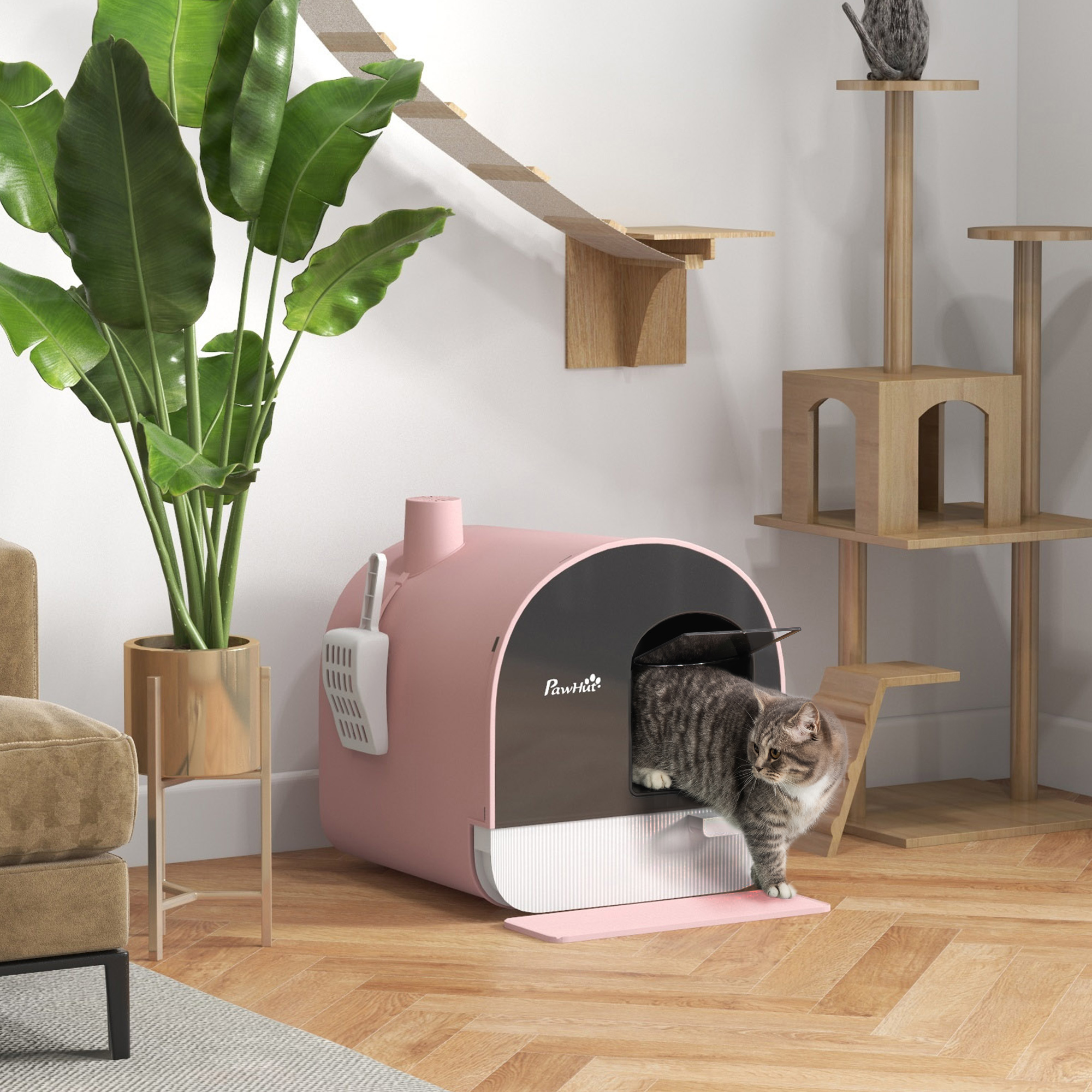 Pawhut Lettiera per Gatti Chiusa con Vassoio Rimuovibile, Paletta e Filtro, 43x44x47cm, Rosa   Aosom