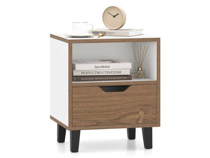 COSTWAY Table de Chevet avec Tiroir Compartiment Ouvert Pieds Métalliques Chevet de Lit pour Chambre Salon Bureau