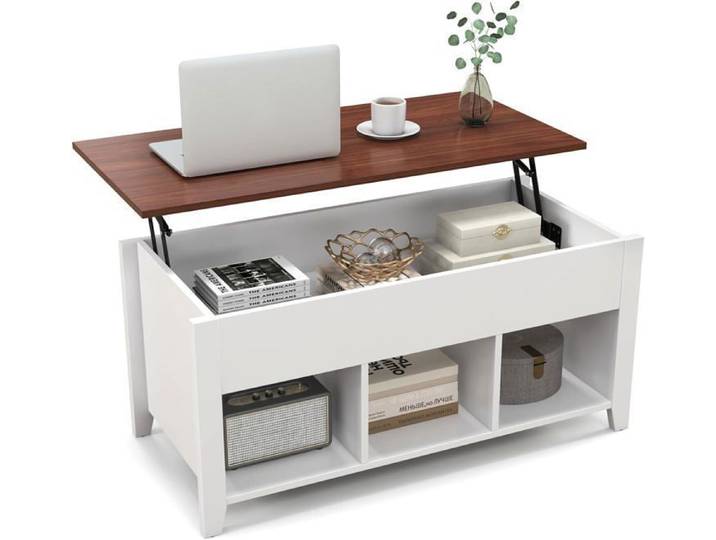 GOPLUS Table Basse Relevable Moderne 105x52x48 5CM Plateau Relevable avec Espace Caché et 3 Bacs pour Salon/Bureau Blanc